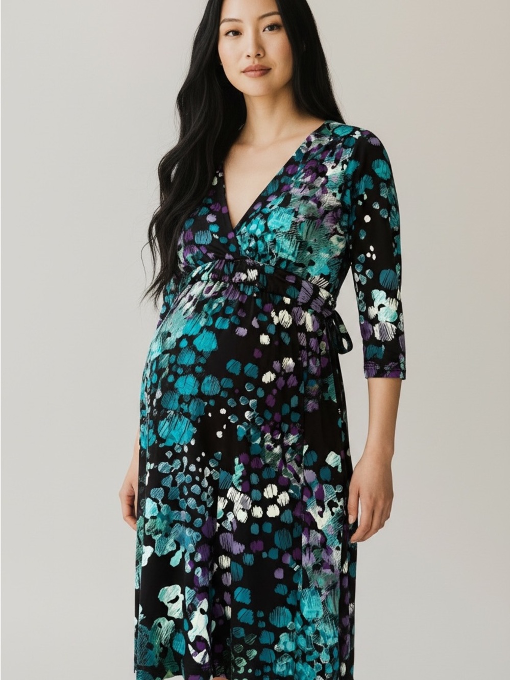 Maternity Three Seasons Maternity M Floral Wrap Dress - Black Teal Purple